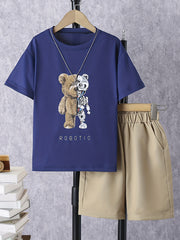 Boys Robotic Bear Graphic Casual Outfit Round Neck T shirt & Shorts Kids