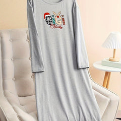Christmas Lounge Dress Women's Long Sleeve Stretch Tee Dress