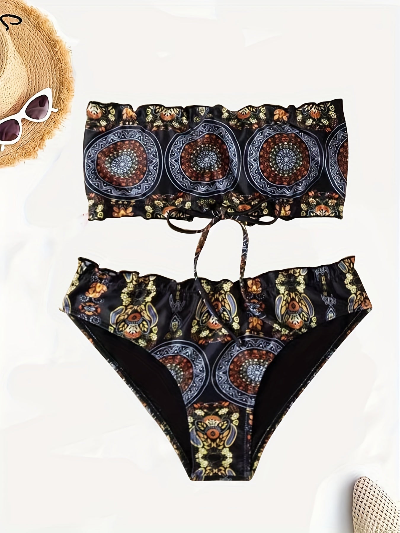 Geometric Pattern Bandeau Bikini 2 Piece Set Tube Top Tie Back
