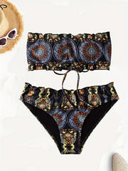 Geometric Pattern Bandeau Bikini 2 Piece Set Tube Top Tie Back