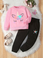 Cartoon Unicorn Print 2pc Sweatshirt & Sweatpants Set for Girls