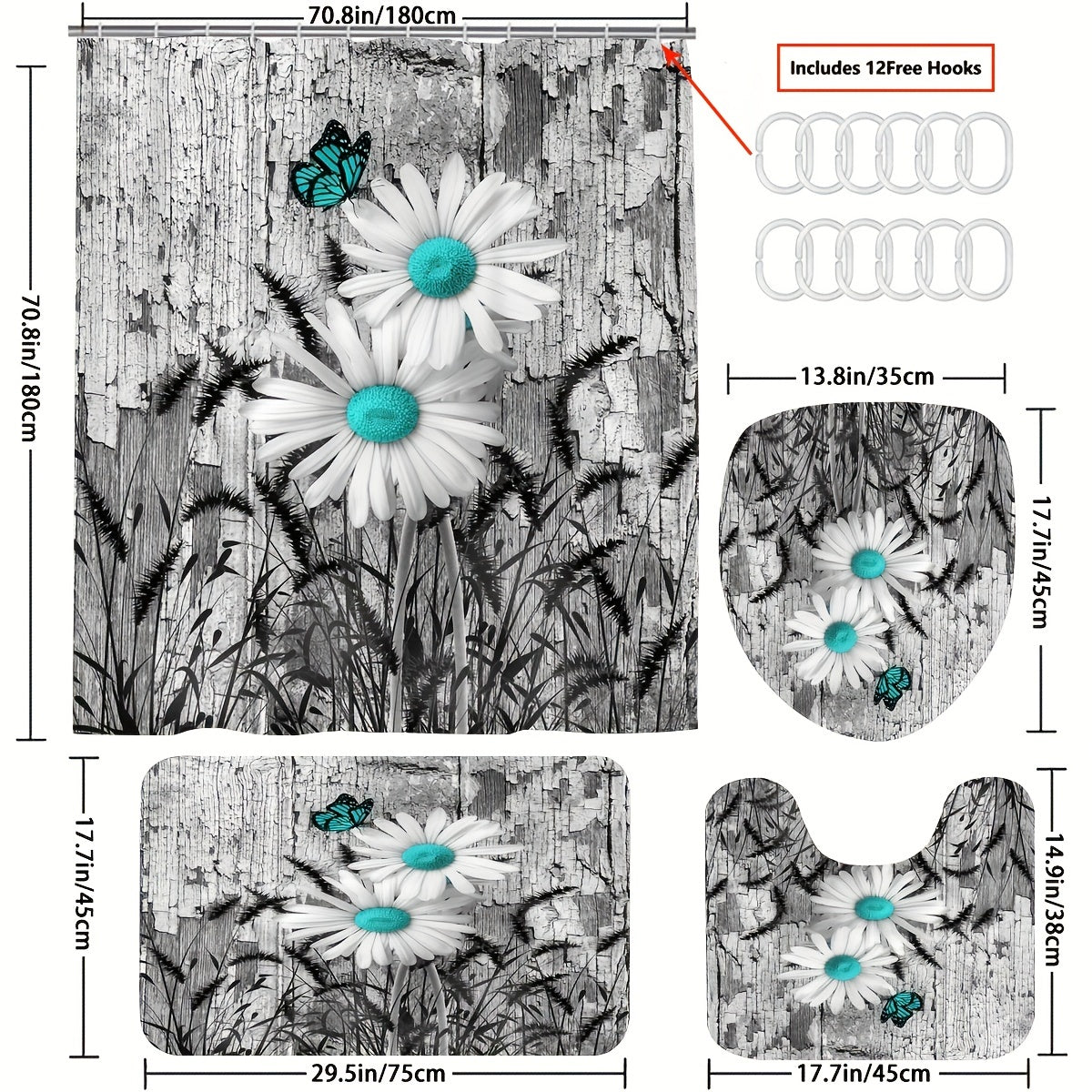 Daisy Shower Curtain Set Waterproof with Non-Slip Bathroom Rug