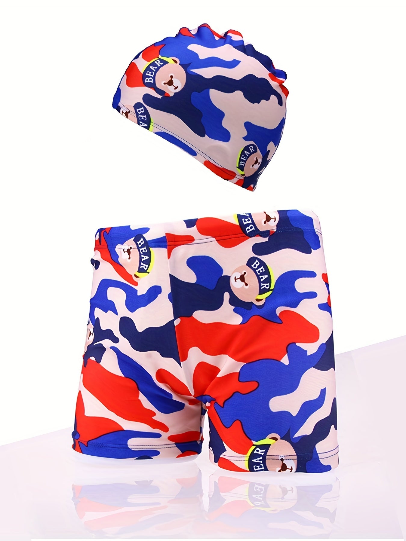 Boys Camo Swim Trunks & Cap Quick Dry for Beach Vacation Kids Summer Clothes