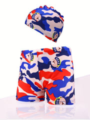 Boys Camo Swim Trunks & Cap Quick Dry for Beach Vacation Kids Summer Clothes