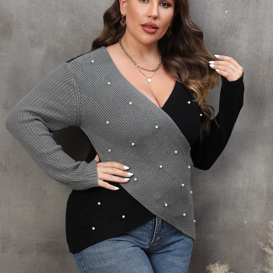 Colorblock Faux Pearl Decor Sweater