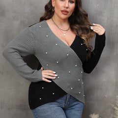 Colorblock Faux Pearl Decor Sweater