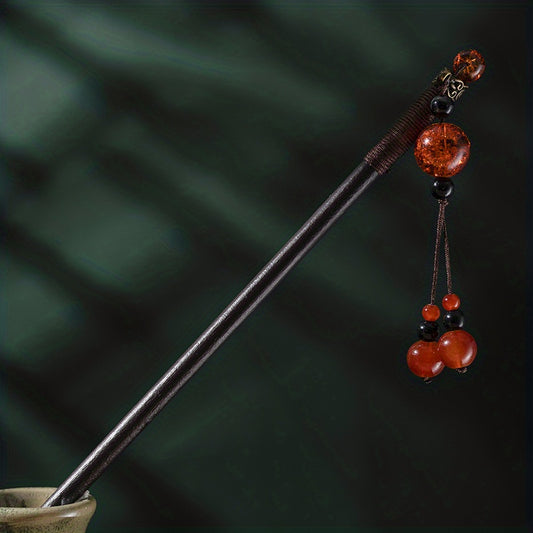 Red Beads Pendant Hairpin Wooden Hair Stick Ponytail Holder