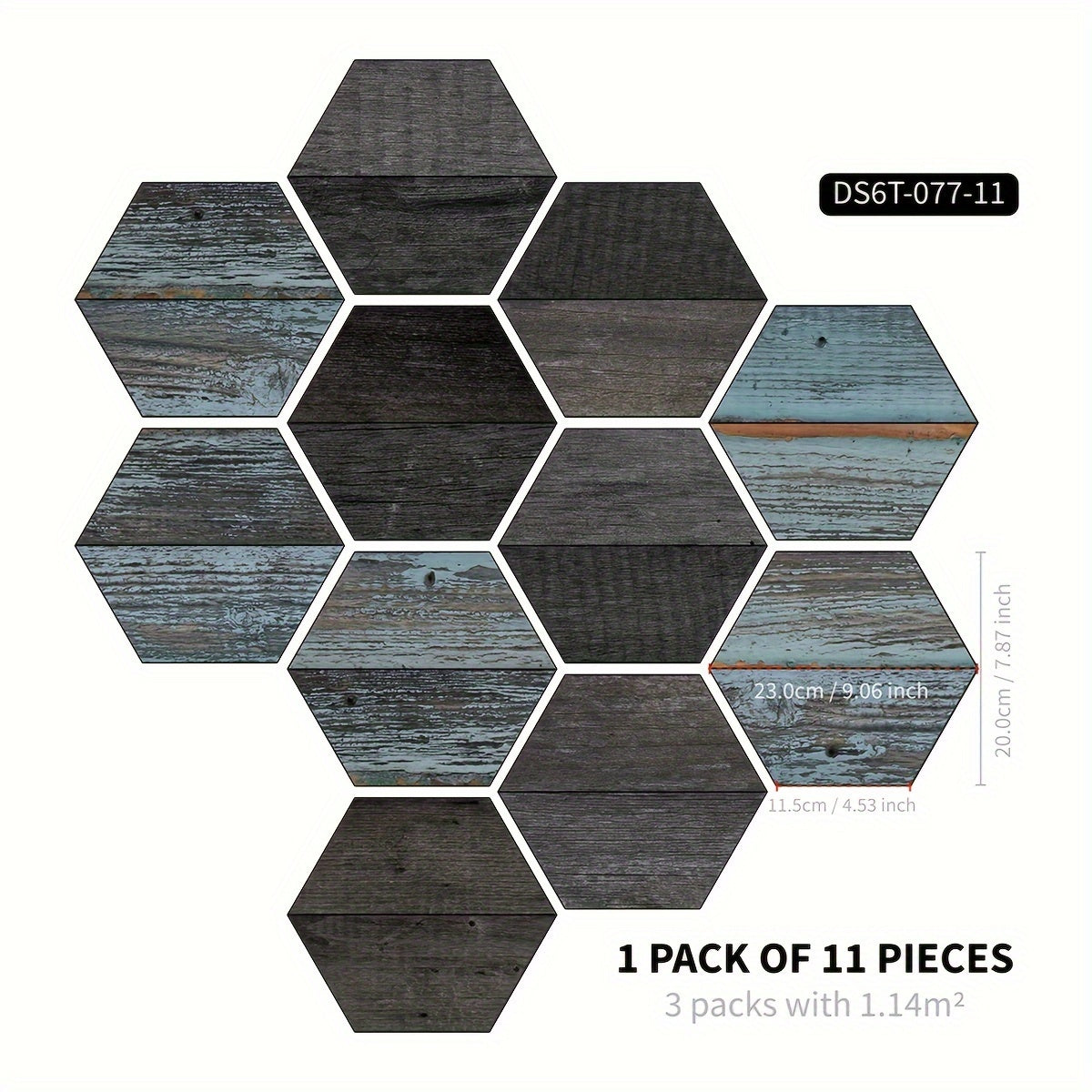 11pcs Wood Grain Pattern Hexagon Floor Stickers Waterproof Non-slip