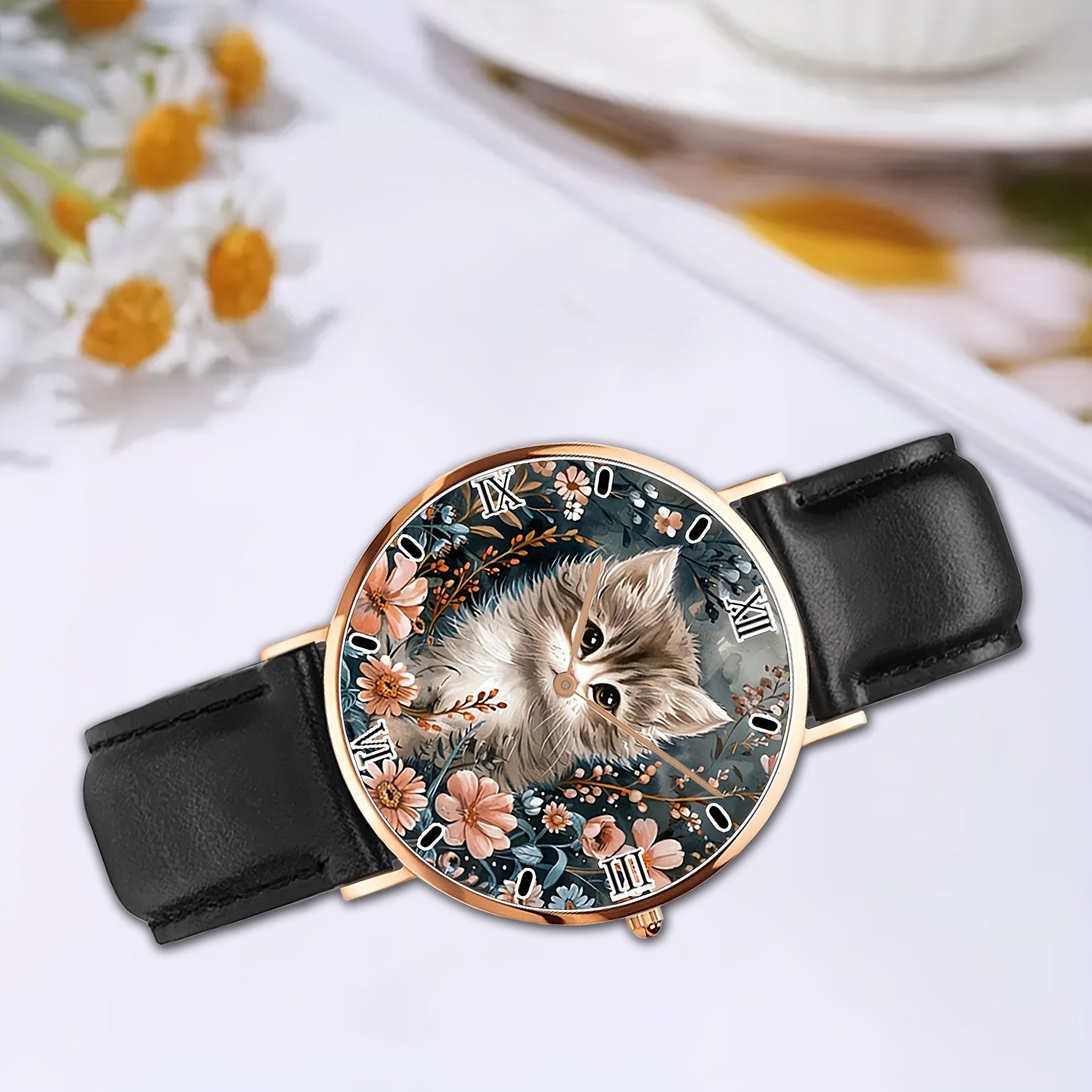 Calico Cat Analog Watch Unisex Minimalist Floral Faux Leather Strap Quartz