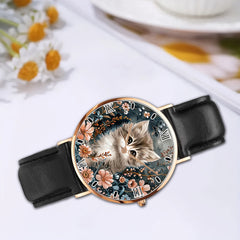 Calico Cat Analog Watch Unisex Minimalist Floral Faux Leather Strap Quartz