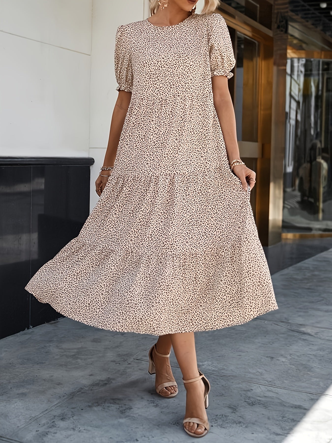 Leopard Print Puff Sleeve Smock Maxi Dress