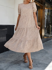 Leopard Print Puff Sleeve Smock Maxi Dress