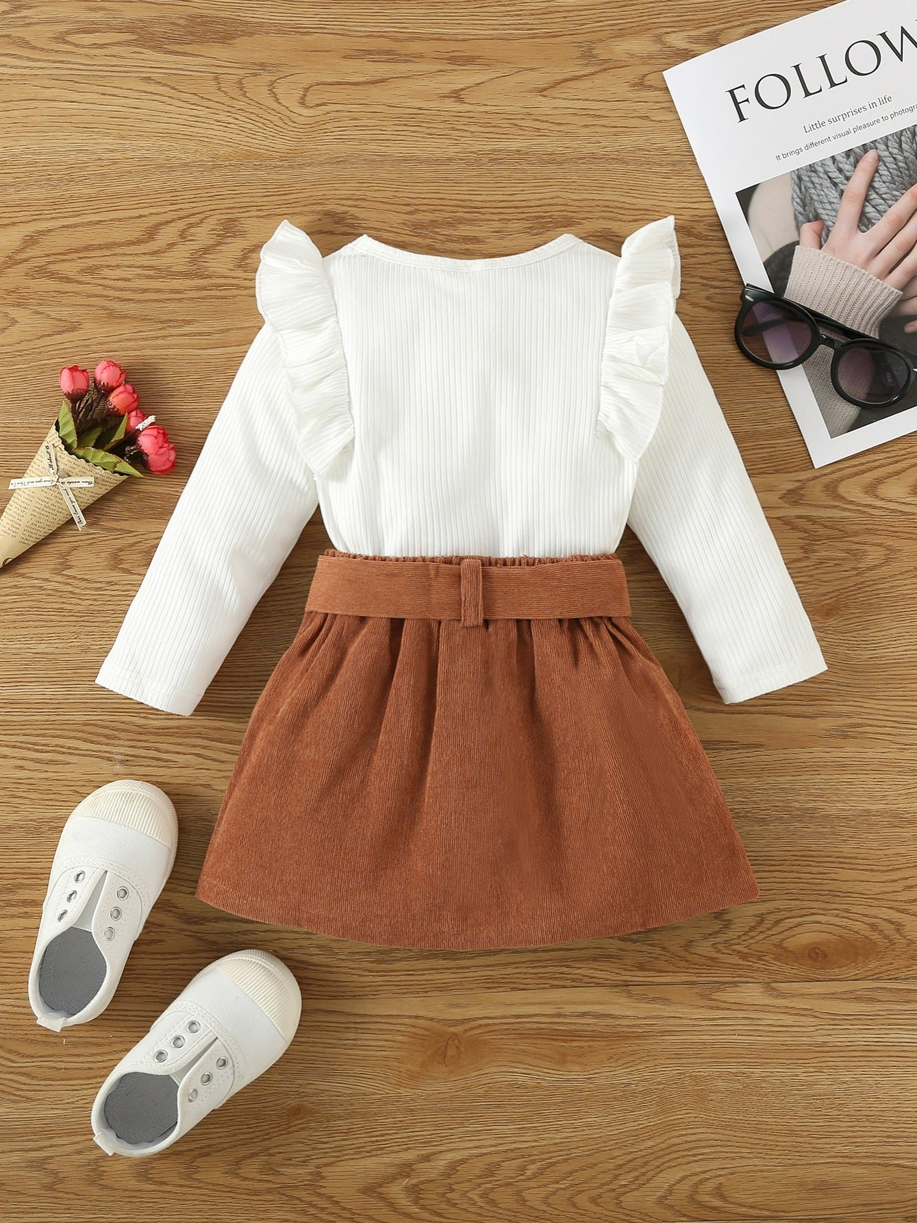Toddler Girls Ribbed Knit Top & Belted Skirt Set