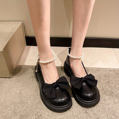 Women's Bowknot Loafers Faux Pearl Chain Shoes