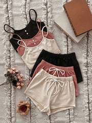 3-Piece Pajama Set: Cami Top & Lace Up Shorts