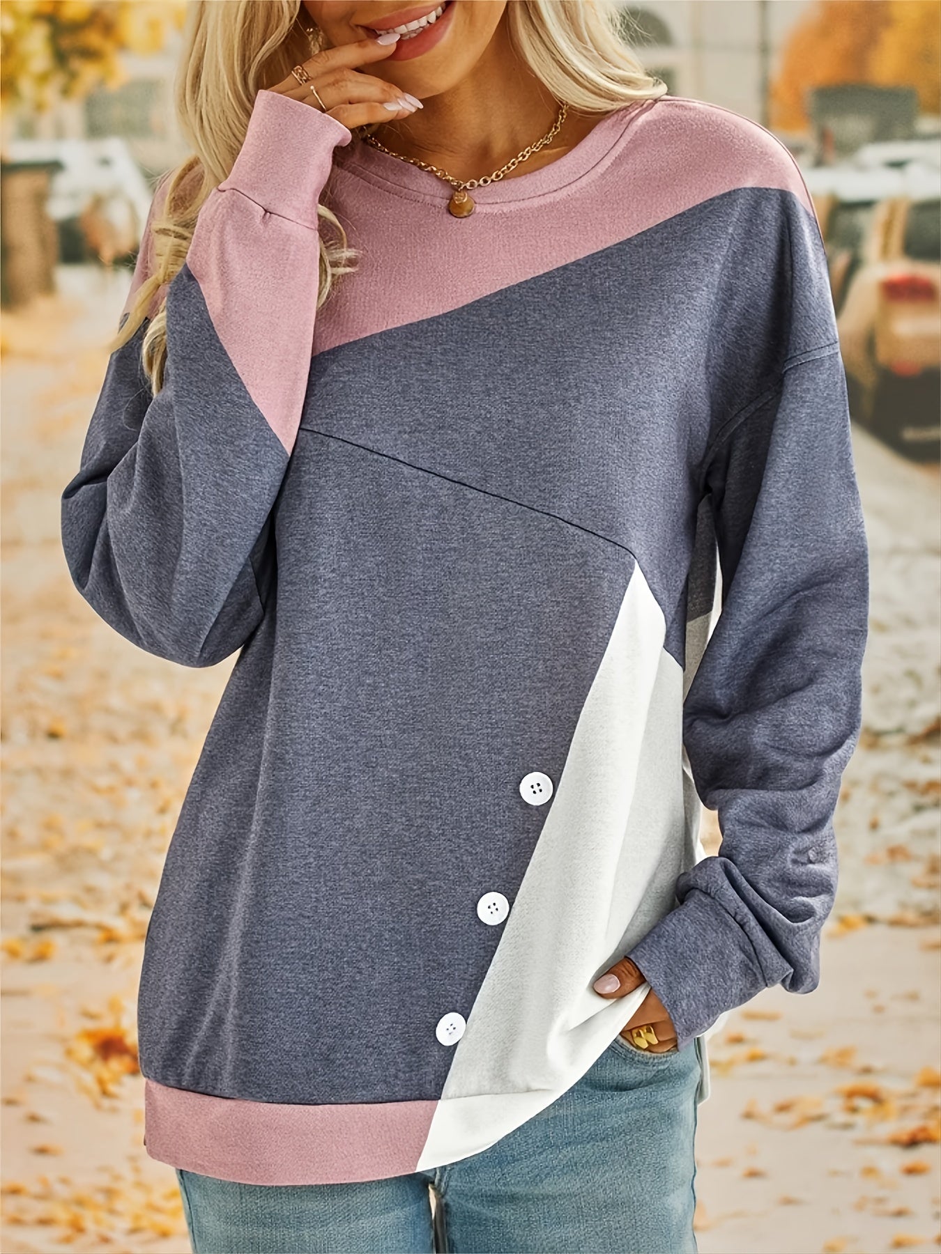 Casual Block Long Sleeve Crew Neck Pullover Sweatshirt for Fall & Winter
