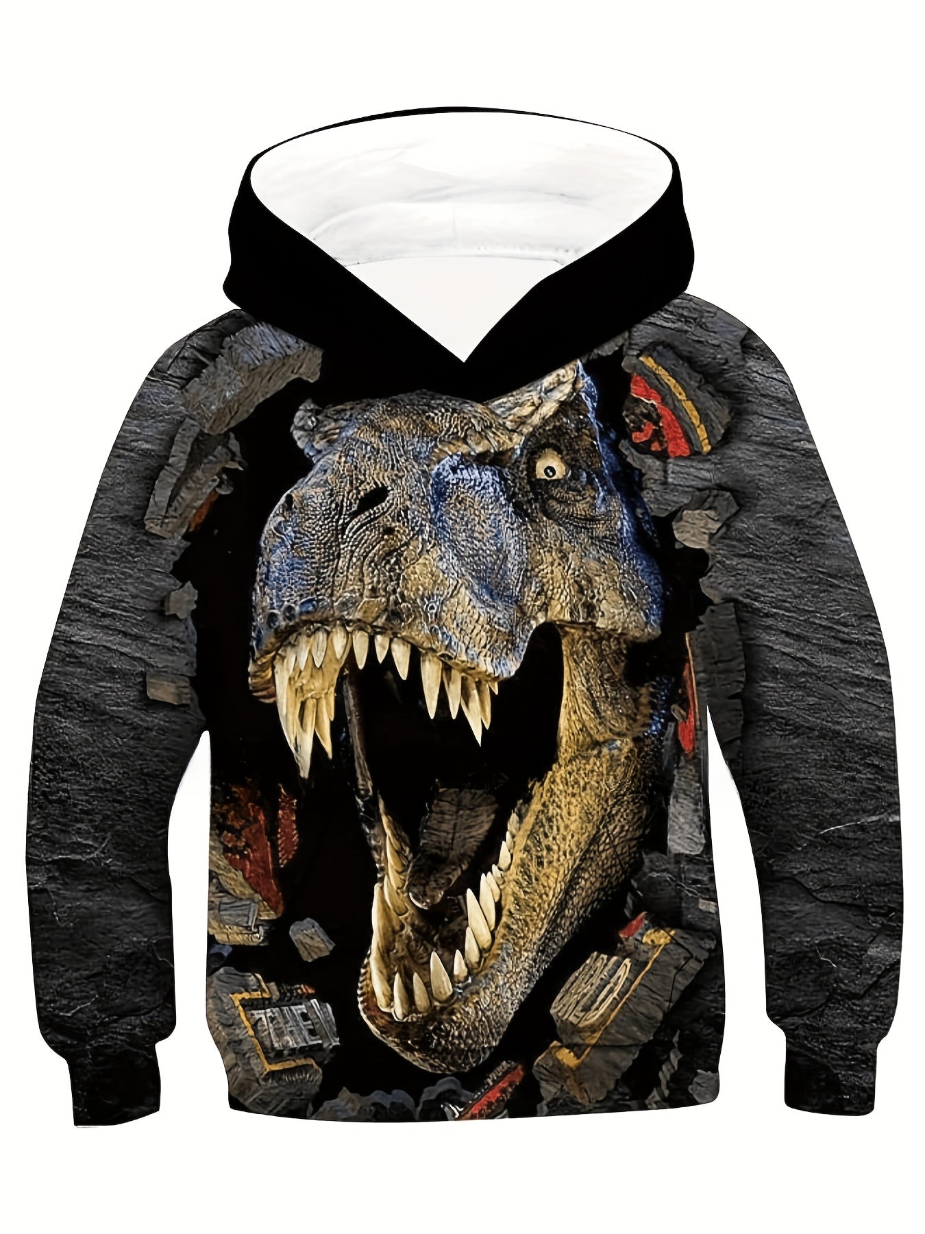 Dino & Stone Print Kid's Hoodie Pullover Long Sleeve Top