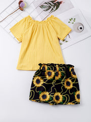 Girls Frill Trim Button Top & Sunflower Shorts Set