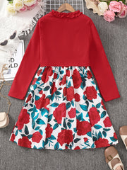 Girls Long Sleeve Top And Matching Rose Print Dress