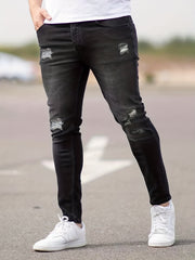 Slim Fit Ripped Cotton Jeans Men's Casual Street Style Solid Distressed