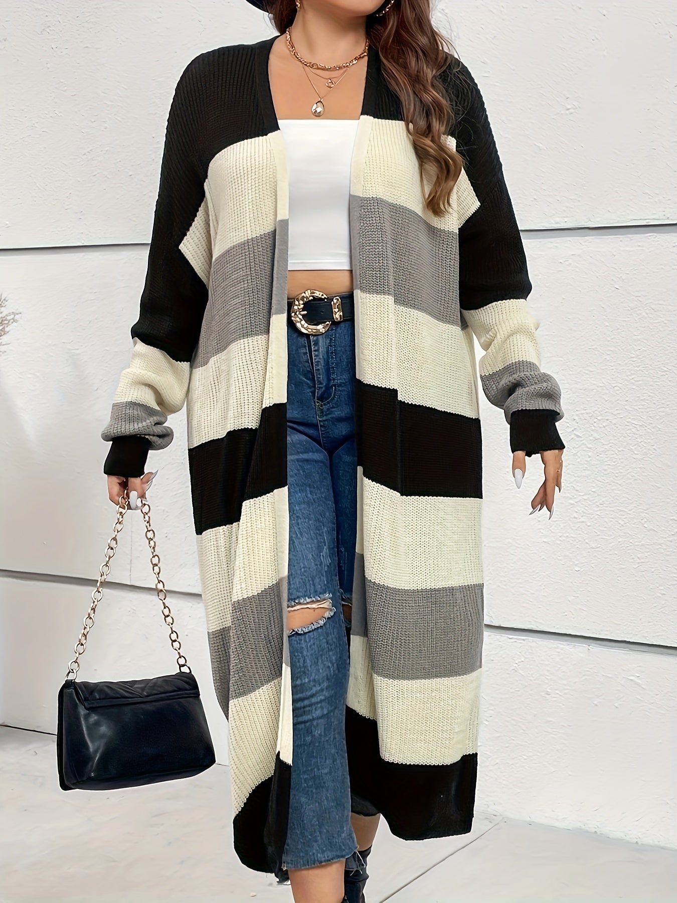 Colorblock Long Sleeve Longline Cardigan Women's Plus