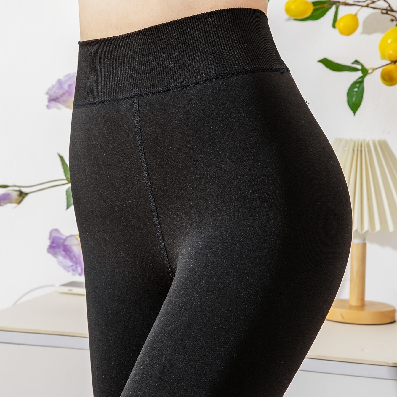 Solid Plush Lined Tights Opaque Thermal Pants High Waisted Elastic Leggings