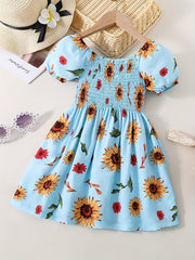 Girls Sunflower Print Princess Dress Kids Summer Clothes