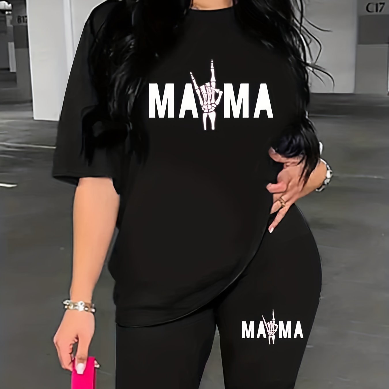 Mama Letter Print Short Sleeve T Shirt & Biker Shorts Set