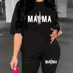 Mama Letter Print Short Sleeve T Shirt & Biker Shorts Set