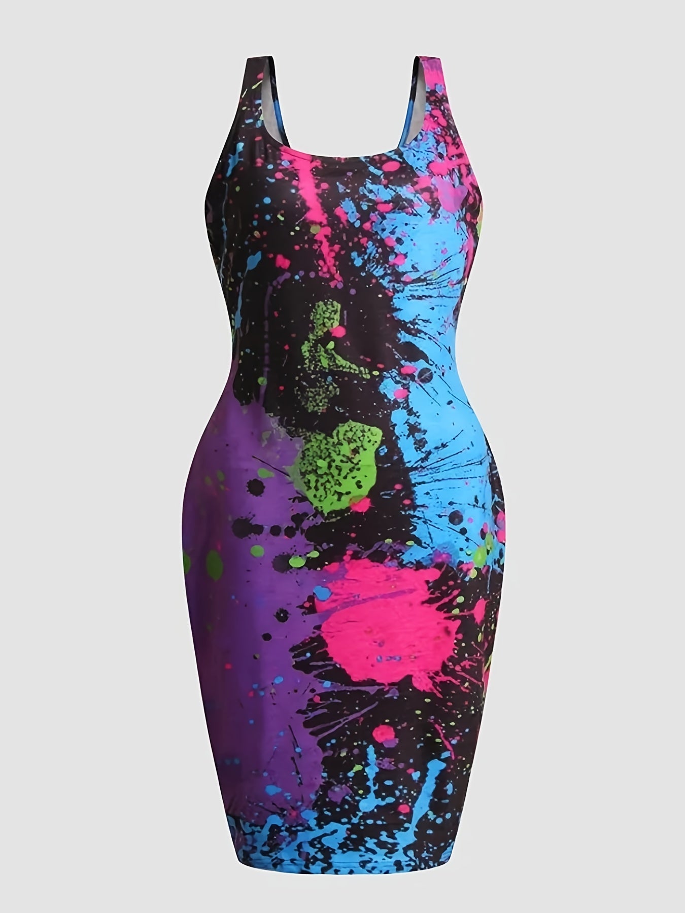 Casual Tank Dress Women's Plus Splash Print Scoop Neck Bodycon Dress