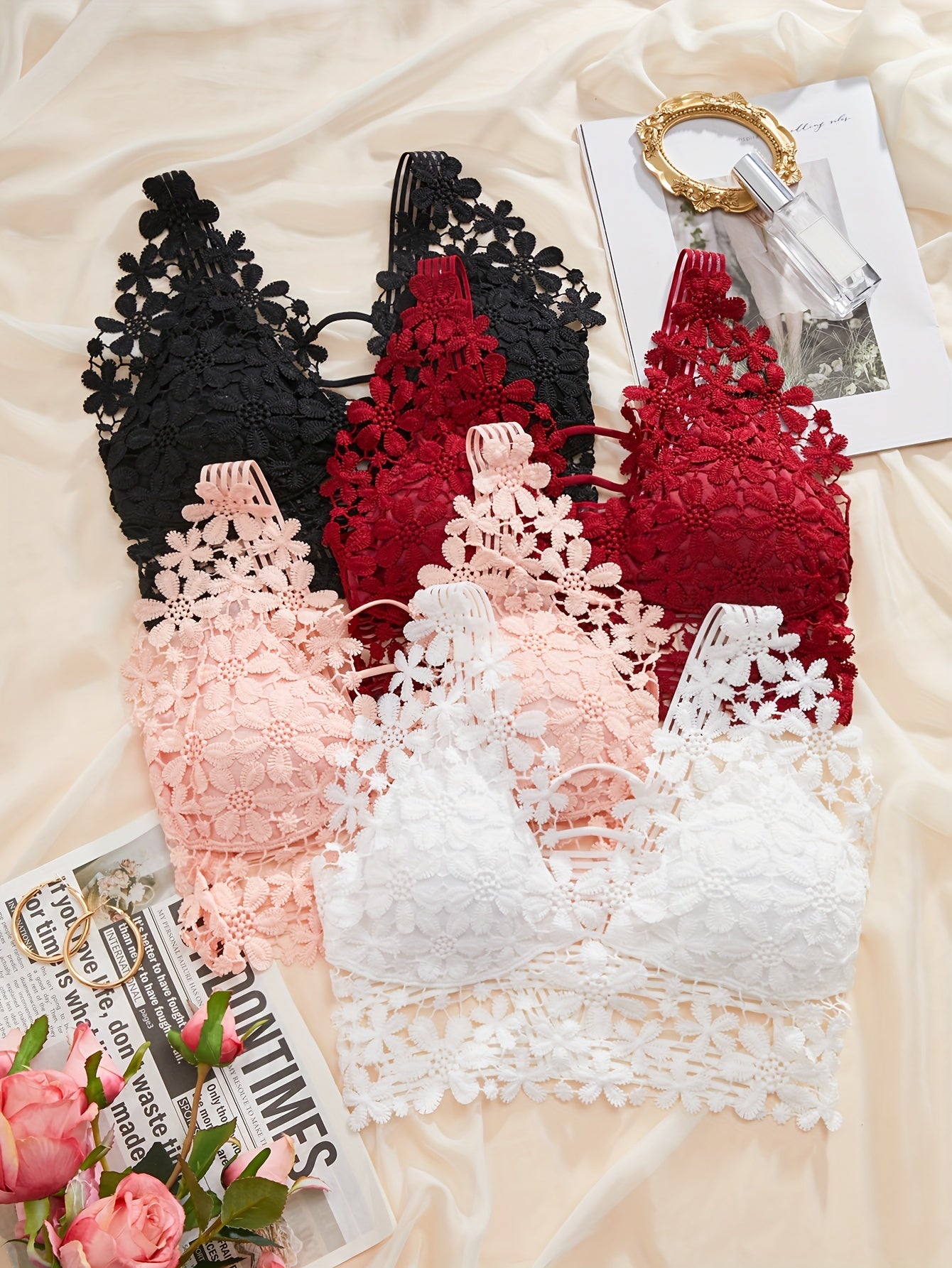 4pcs Lace Cut Out Wireless Bras Women's Lingerie