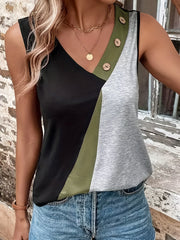 Colorblock Button Tank Top V Neck Sleeveless Casual Summer Top