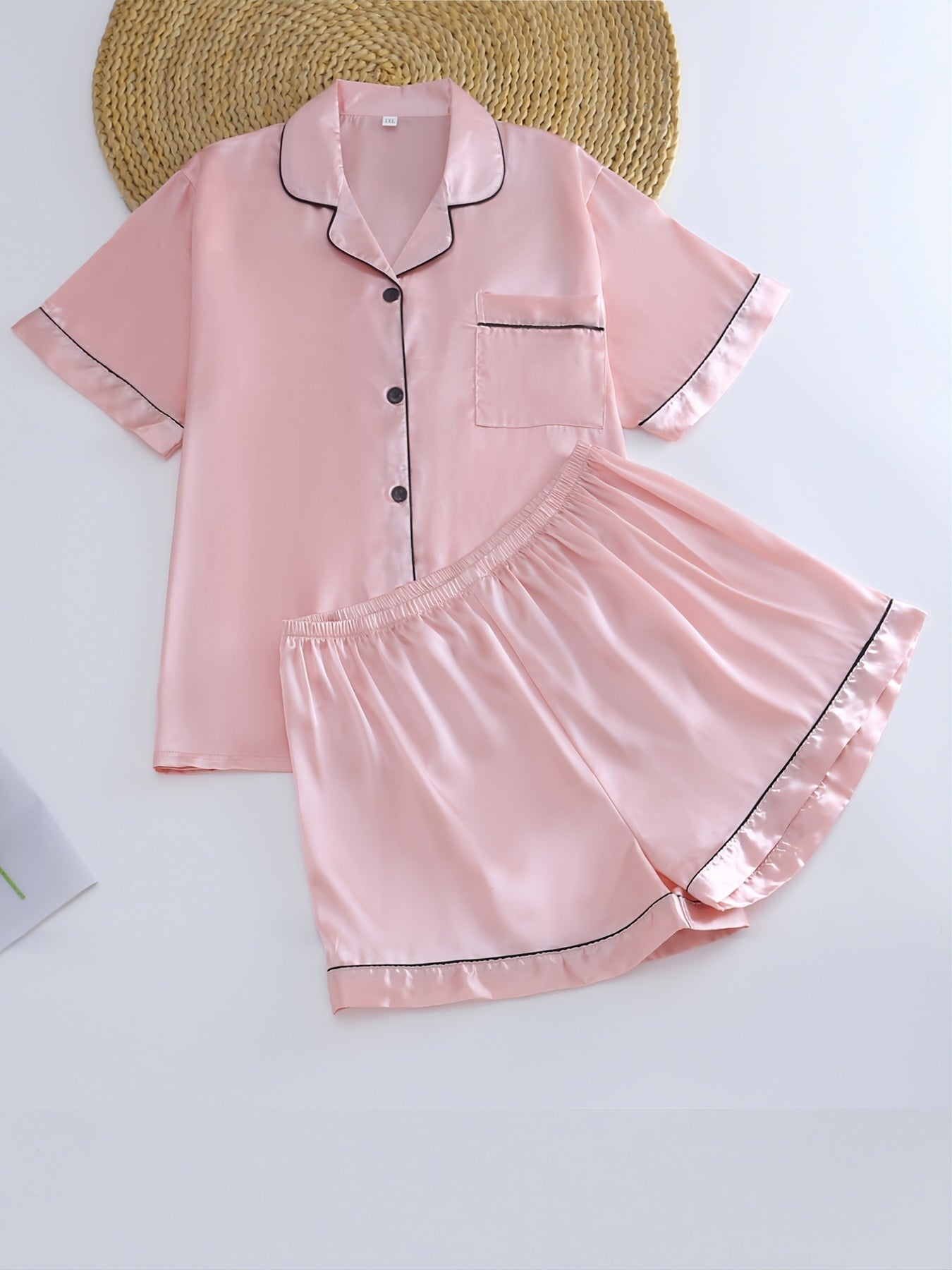 Satin Short Sleeve Pajama Set Plus Solid Comfort Loungewear