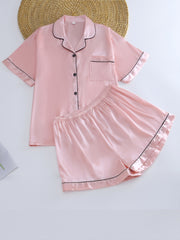 Satin Short Sleeve Pajama Set Plus Solid Comfort Loungewear