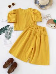 2pcs Toddler Girls Puff Sleeve Button Cotton Blouse Top & Wide Leg Pants Set