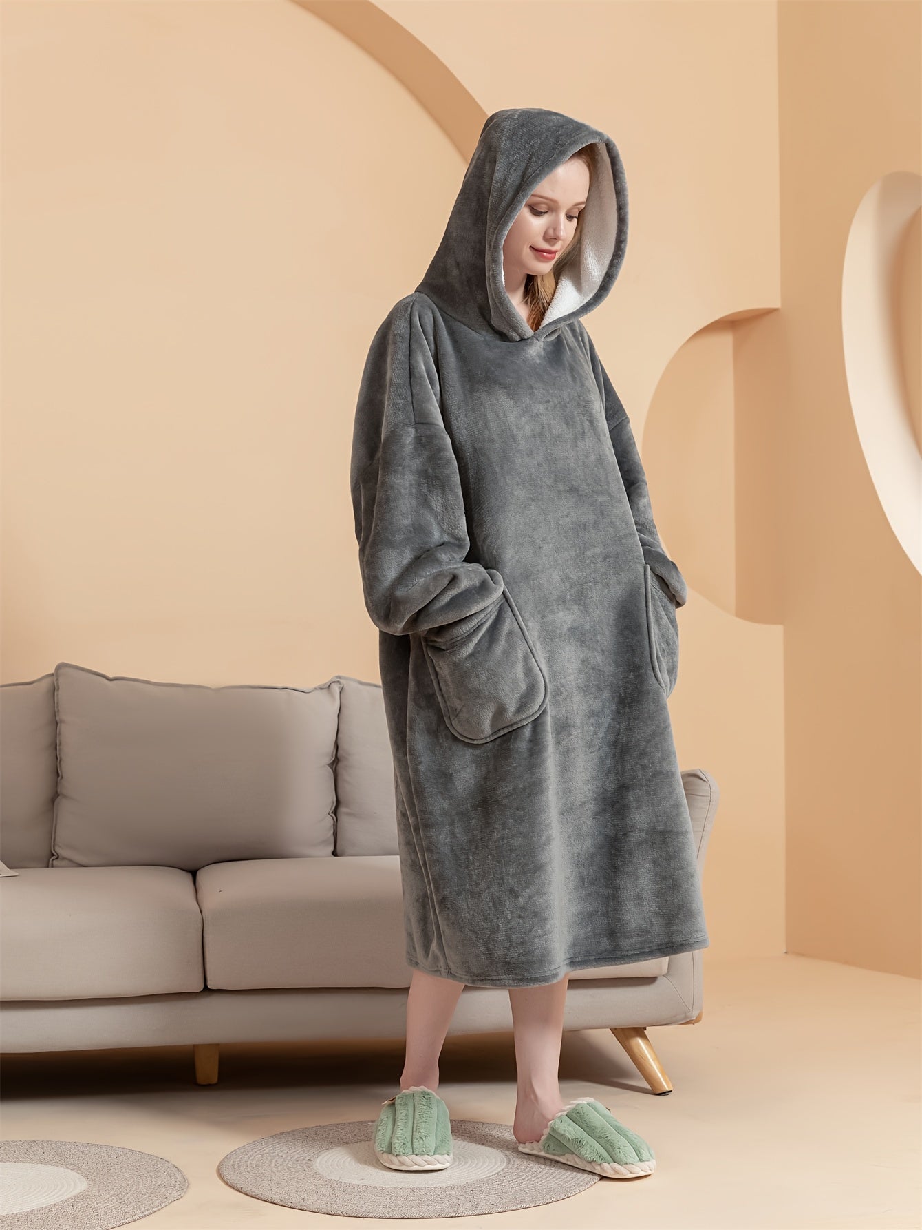Cozy Fuzzy Hooded Night Robe with Pockets