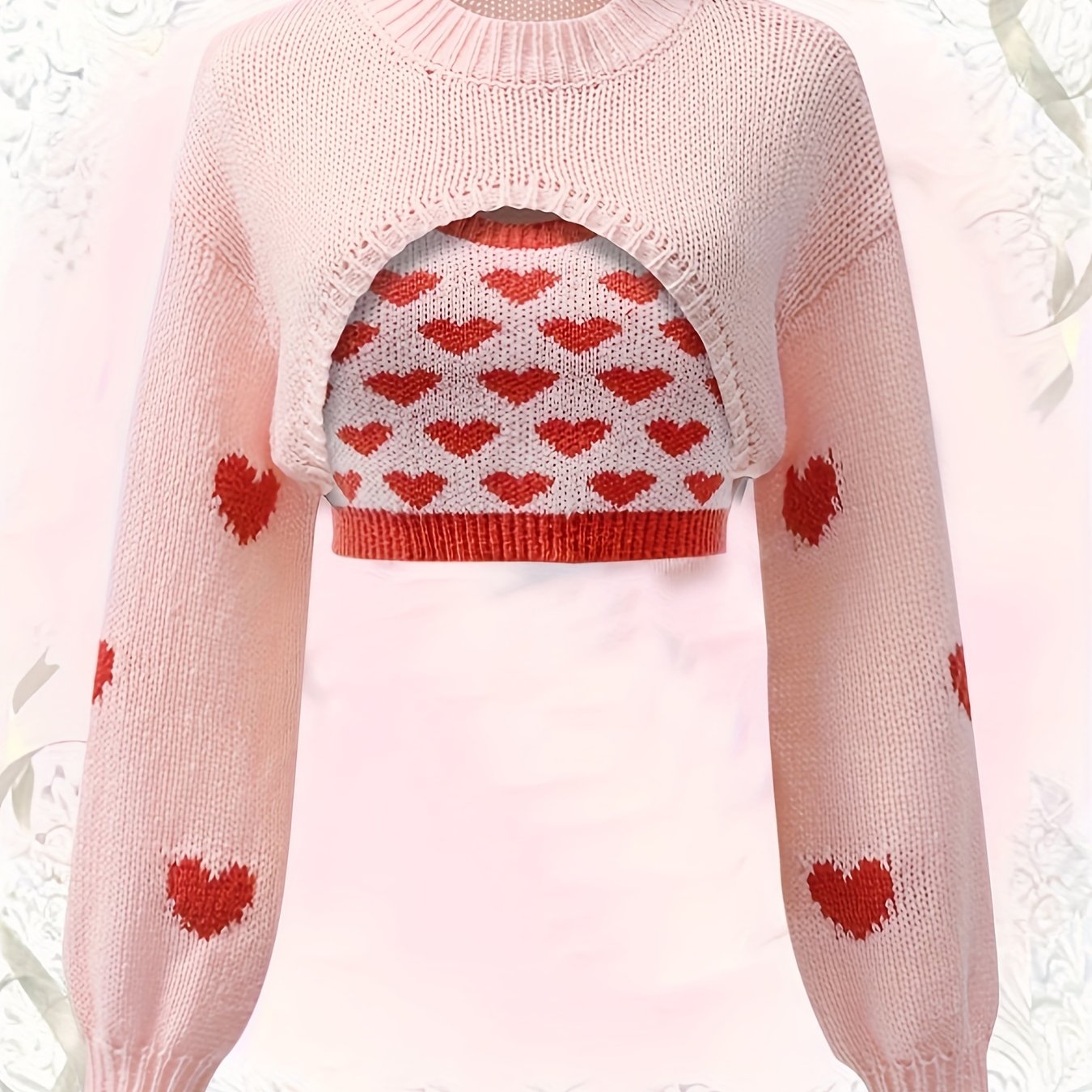 Y2K Heart Print 2pc Set Cropped Sweater & Cami Top