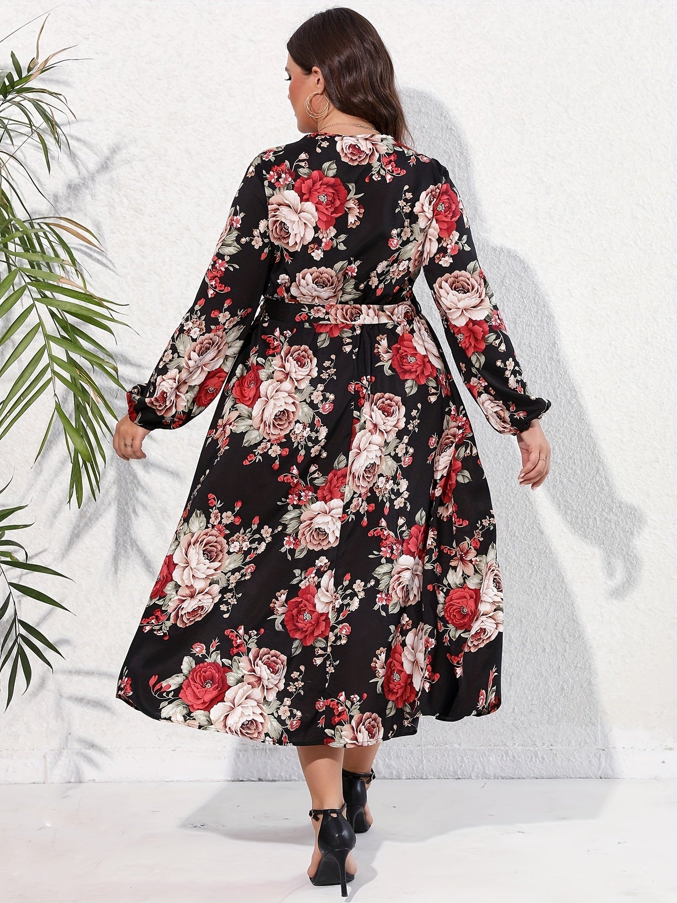 Casual Dress Women's Plus Floral Print Lantern Sleeve Dress