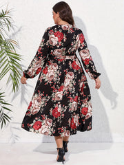 Casual Dress Women's Plus Floral Print Lantern Sleeve Dress