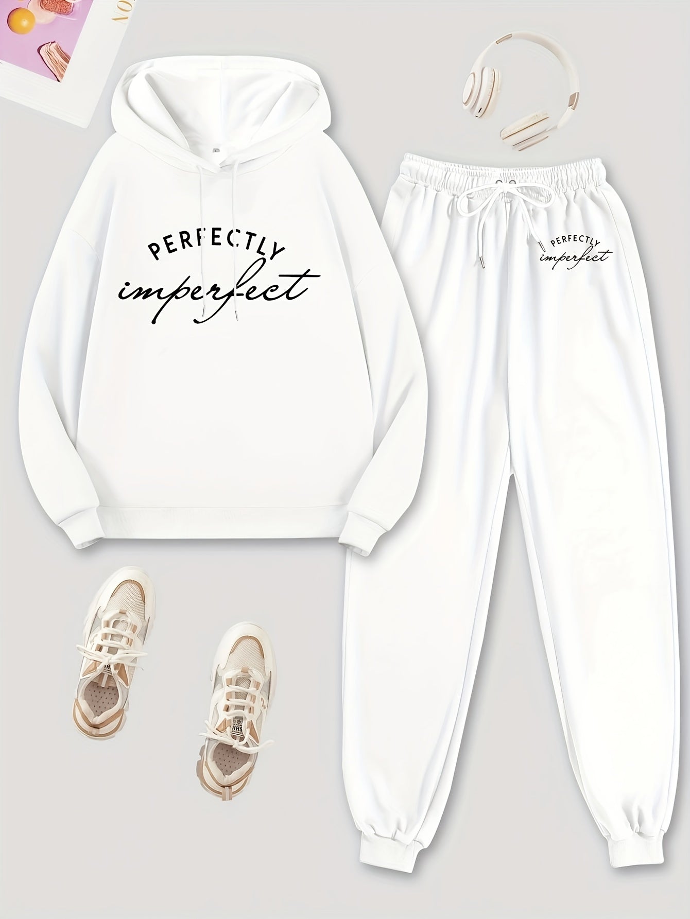 Solid Hoodie & Jogger Pants Set Drawstring Tie Waist