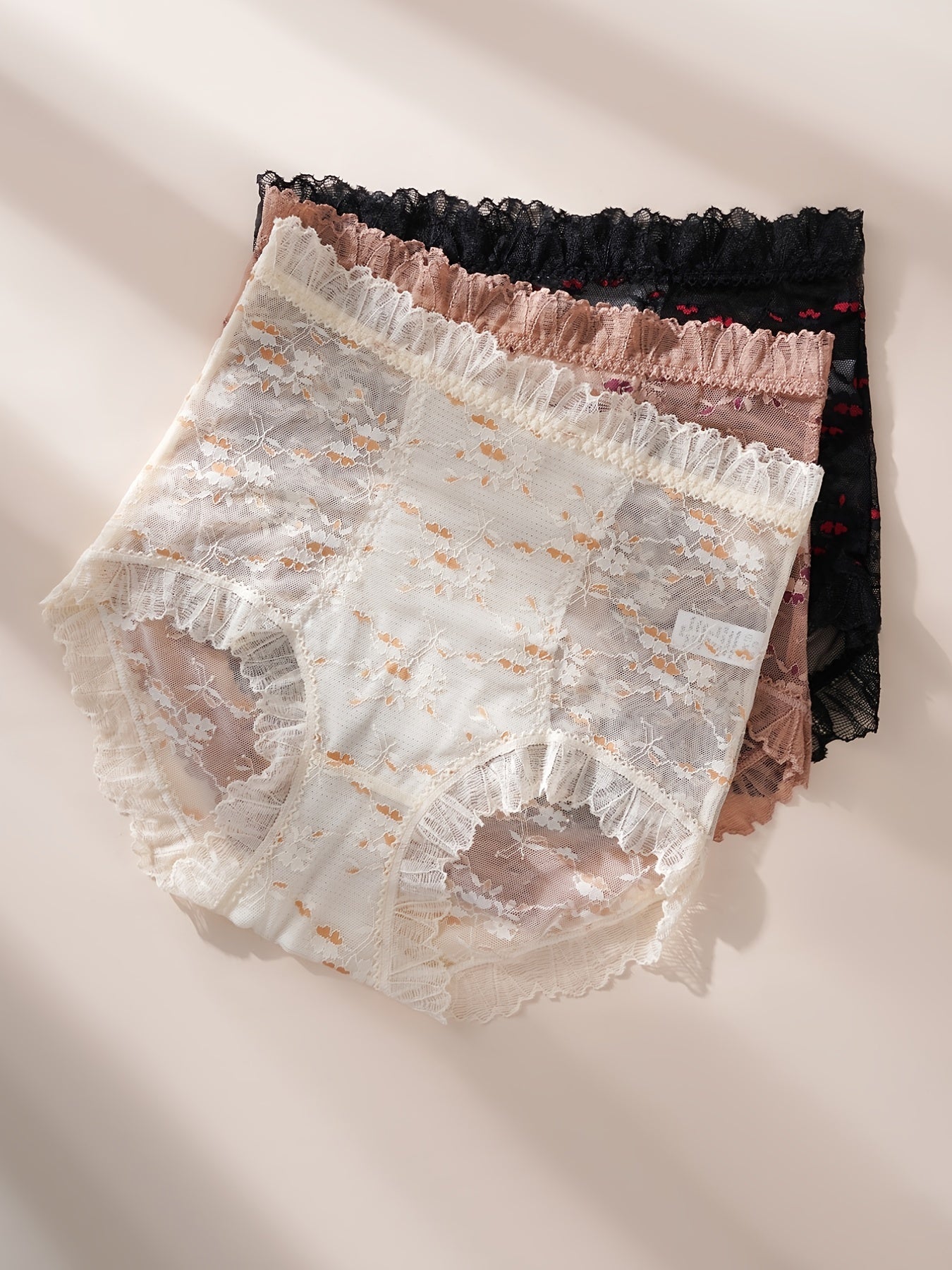 3 Pack Lace High Waist Panties Ditsy Floral Semi Sheer Briefs