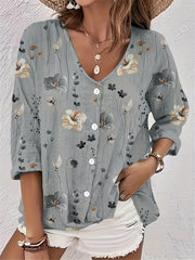 Floral Print Button Up V Neck Top Plus Size