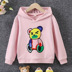 Girls Bear Print Hooded Sweatshirt Long Sleeve Pullover Casual Hoodie