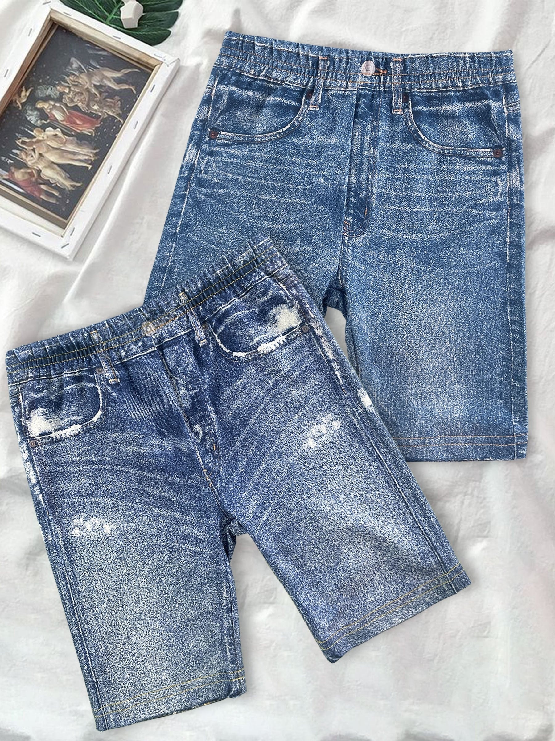 2pcs Girls' Denim Graphic Bike Shorts for Summer