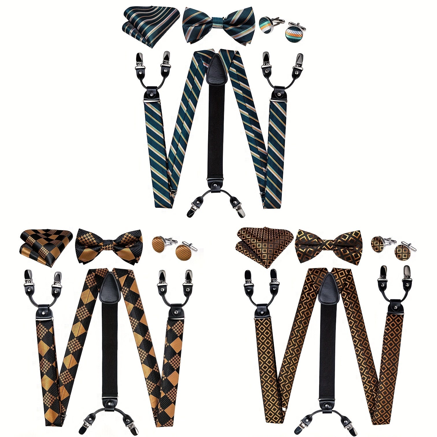 Men's Pants Suspender Set With Bow Tie Cufflinks Handkerchief