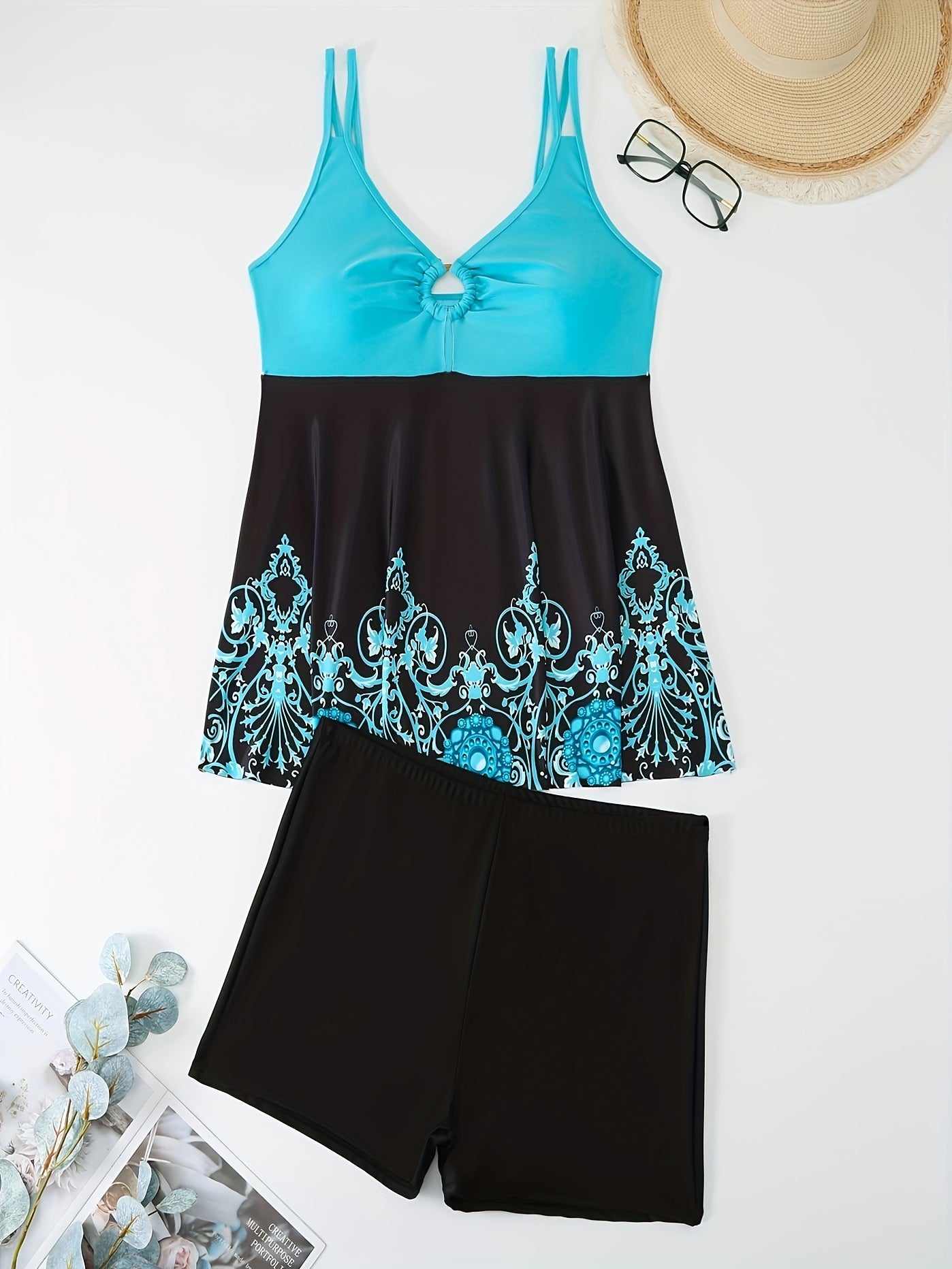 Colorblock Floral Print Tankini Set