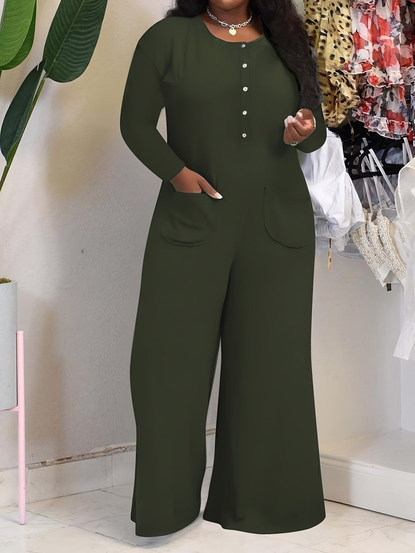 Solid Long Sleeve Wide Leg Jumpsuit