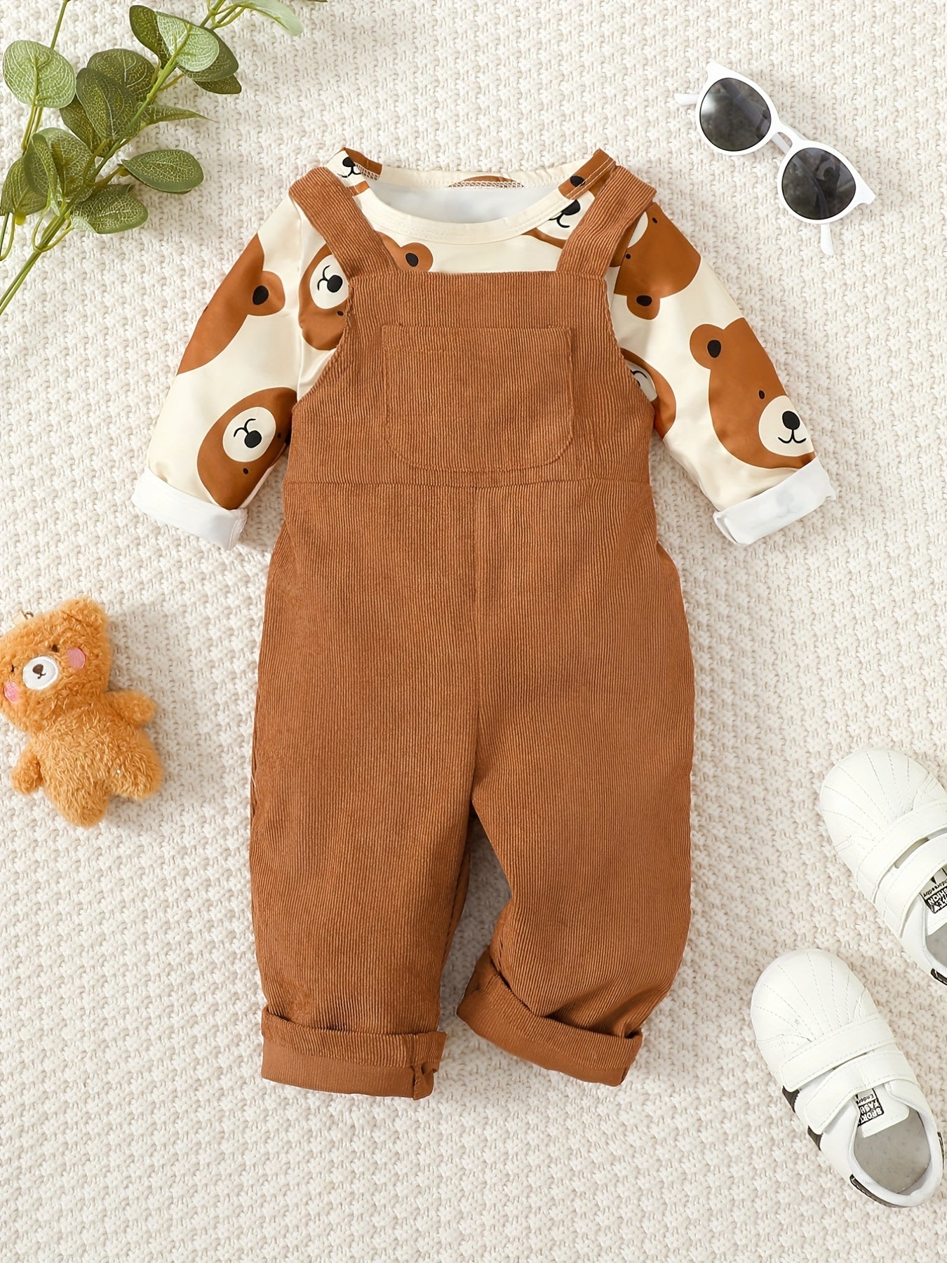 Baby Boys Bear Print Top & Overalls Set Toddler Clothes