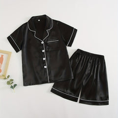 Boys 2pcs Pajamas Top & Shorts Set Solid Button Front Homewear PJ Kids