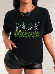 Leaf & Skeleton Pattern Casual T Shirt Stretchy Sports